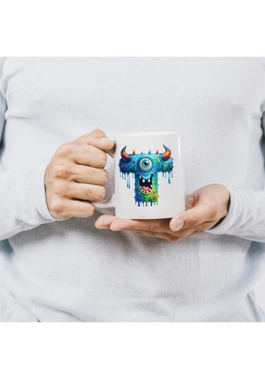 T Harfi Bardak, Sevimli Canavarlar Harflı Bardak Hediyesi Porselen Beyaz