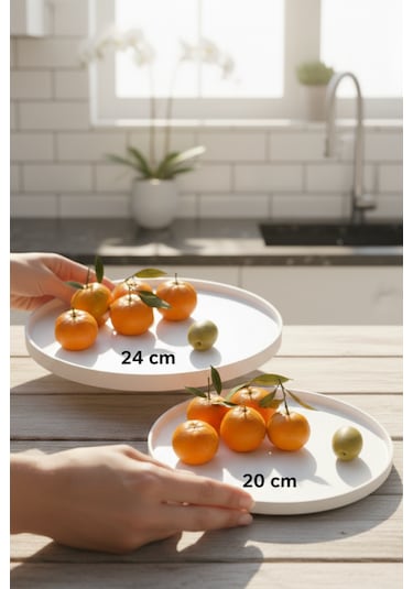 2'li Dekoratif Sunumluk Tepsi Seti 24 Cm & 20 Cm Yuvarlak Servis Tabakları 2 Adet