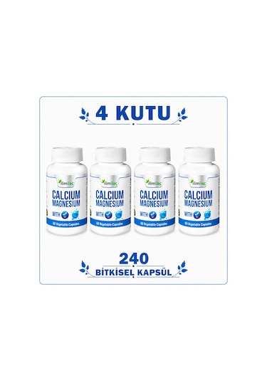 Calcium Magnesium D3 4 Kutu 240 Bitkisel Kapsül Kalsiyum Magnezyum Takviye Edici Gıda