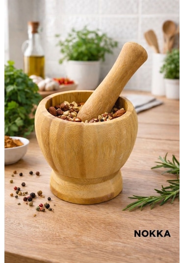Doğal Bambu Ahşap Sarımsak Ezeceği Havan Orta Boy Bambu Ahşap Sarımsak Ezeceği Orta Boy