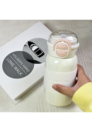 Planet Termos Kupası Kızlar Basit Ve Yüksek Yüz Değeri Çift İçme Kupası Öğrenci Taşınabilir Paslanmaz Çelik Deri Kılıf Pipet Su Bardağı Beyaz-bw037