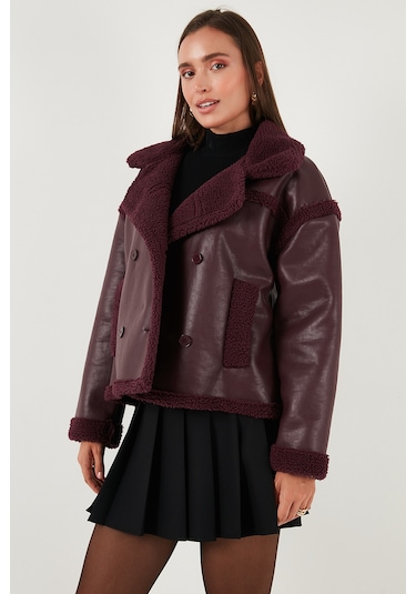 Lela Oversize Kruvaze Yaka Peluş Detaylı Suni Deri Biker Ceket Bayan Mont 6810247 Bordo