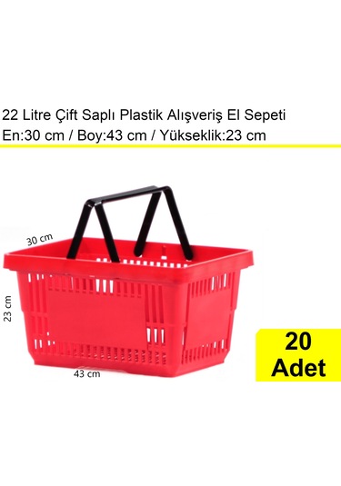 Plastik Alışveriş El Sepeti Çift Saplı 22 Litre Kırmızı 20 Adet / En:30 Boy:43 Yükseklik:22 Cm Kırmızı
