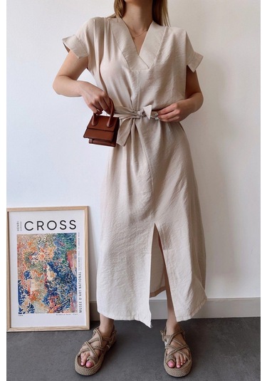 Kadın Taş Kısa Kol, V Yaka, Düz Renk Desen, Basic Kalıp/kesim, Aerobin Kumaş, Kuşaklı Maxi Elbise Taş