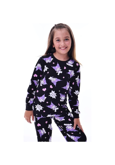 2'li Sevimli Sky Ve Mixed Kuromi Desenli Kız Çocuk Pijama Takımı Siyah