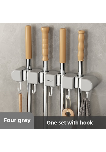 Geeroyoo Duvar Takılı Dört Klipsli Gri Süpürge Tutucu - Delme Yok Yapıştırıcı Montajlı, Ev Ve Ofis İçin Çok Fonksiyonlu Temizlik Gereçleri Depolama Rafı Diğer