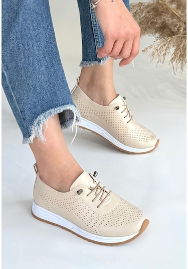Tone Bej Cilt Bağcıklı Spor Ayakkabı Renkli Çok Renkli