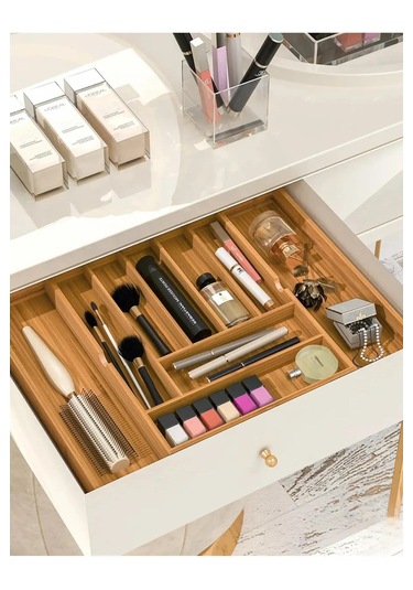 Bambu Ayarlanabilir Çekmece İçi Kaşıklık Ölçü Ayarlı 5-7 Bölmeli Doğal Organizer 30x34 Cm / 43x34 Cm Bambu