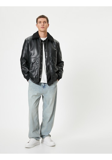 Koton Suni Kürklü Deri Ceket Cepli Slim Fit Siyah 5wam20081hw Siyah