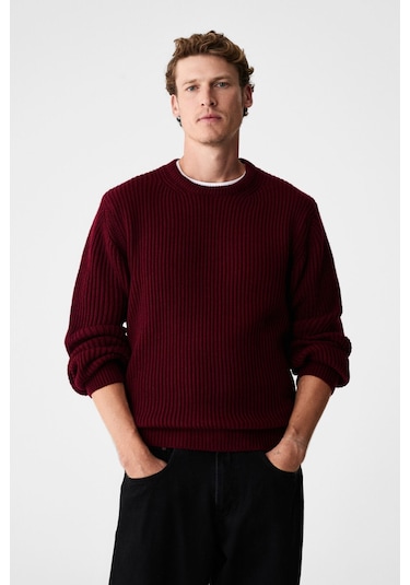 Grimelange CABLIN Erkek Yuvarlak Yaka Regular Fit Triko Bordo Kazak