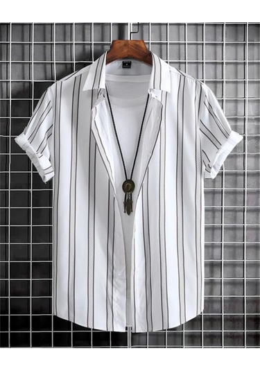 Snapbuy 2025 Erkek 3d Havai Gömlek - Basit Çizgili, Gevşek Nefes, Yazlık Kısa Kollulavanta Lavanta