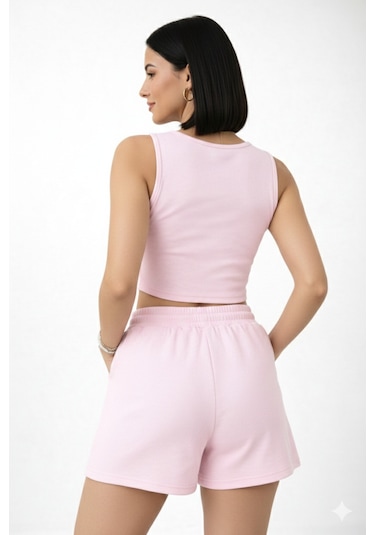 Trend Alisse Kadın Beli Lastikli Pembe Şort Crop Alt Üst İkili Takım Pudra Pembesi