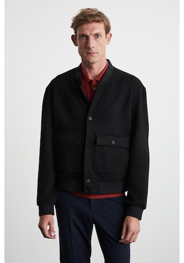 Preppy  Erkek Organik Pamuklu Çift Cepli Düğmeli Regular Fit Yuvarlak Yakalı Siyah Ceket