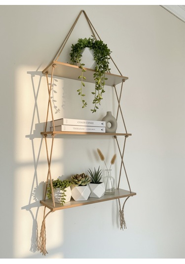 Aruat Ahşap Dekoratif Tasarım Özel İşlemi 3 Lü Halatlı Raf Kitaplık Ahşap - Beyaz