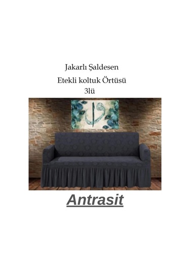 Şal Desen Koltuk, Kanepe, Çekyat Örtüsü, Etekli 3lü Antrasit Antrasit