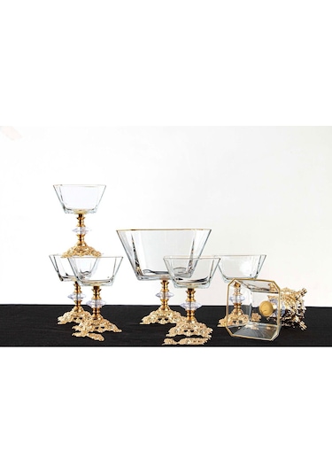 Plt Design 7 Parça Metal Ayaklı Gold Detaylı Cam Büyük Boy Salata - Magnolia Dondurmalık