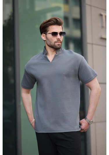 Madmext Füme Polo Yaka Erkek Basic T-shirt E7145 Füme