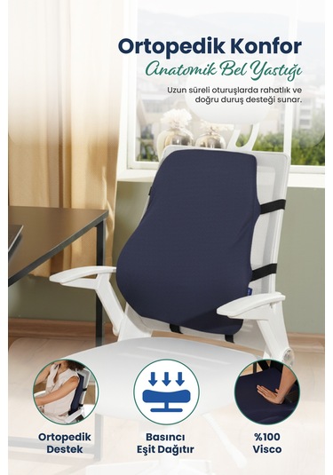 Anatomik Ortopedik Visco Bel Destek Yastığı Kilitli Sabitleme Lastiği, Ofis, Araba Lacivert