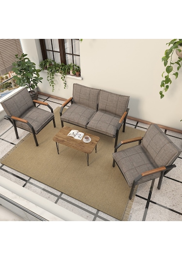 Modern Serisi Balkon, Bahçe, Cafe - Metal Kanepe Koltuk Takımı - 2+1+1 Sehpalı - Cappucino Cappucino