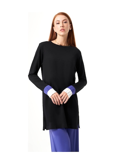 Mizalle Kol Piliseli Rayon Triko Siyah-mürdüm Tunik Siyah