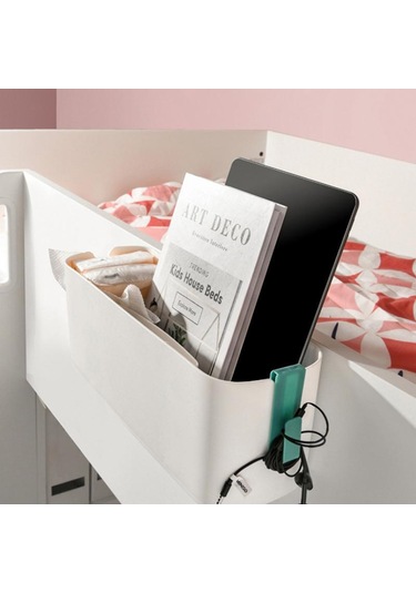 Yatak Başı Plastik Saklama Caddy'si Çıkarılabilir Kancalı Asılı Sepet Eşya Kutusu Beyaz