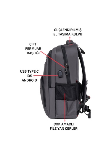 Dada 06 Apple Mocbook Uyumlu Usb Aparatlı Gri Laptop Sırt Çantası 14 İnç Darbe Emici Koruma