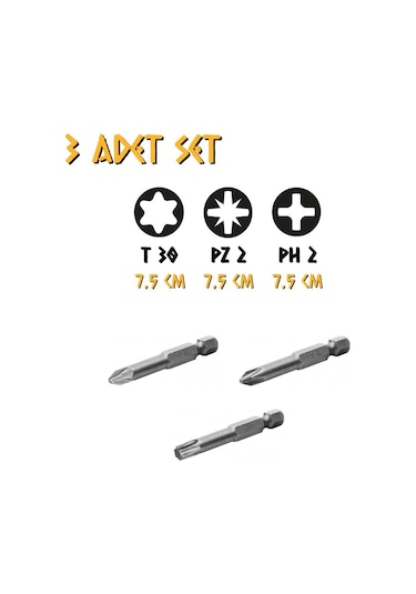 Kupa Tyson Bits Uç Seti 3 Parça - Ph2 - Pz2 - Tork - 7.5 Cm.
