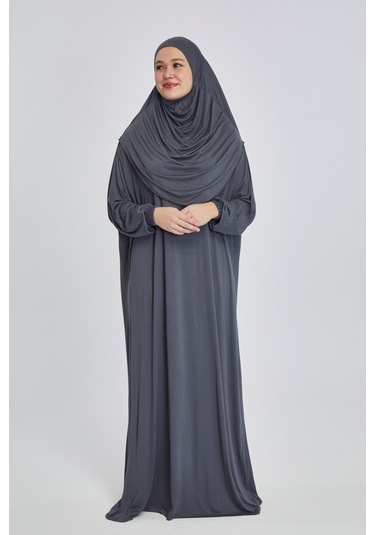 Pratik Başörtülü Rahat Giyilebilen Organik Tek Parça Namaz Elbisesi Füme