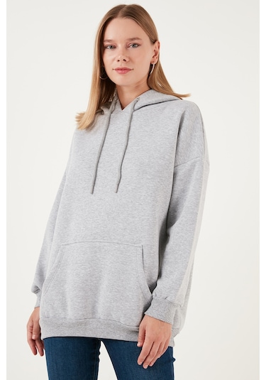 Lela Regular Fit Pamuklu Kapüşonlu Yaka Şardonlu Kışlık Bayan Sweat 5863854 Gri Melanj