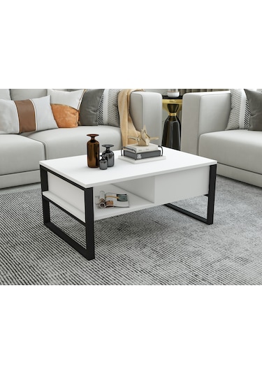 İsti Metal Ahşap Orta Sehpa Beyaz