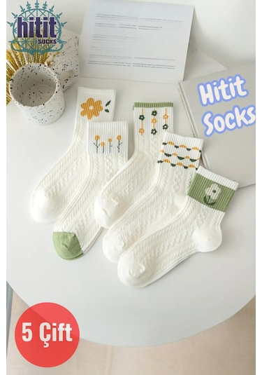 Kadın 5 Çift Premium Kalite Yeçil Çiçek Desenli Soket Çorap Beyaz - Yeşil