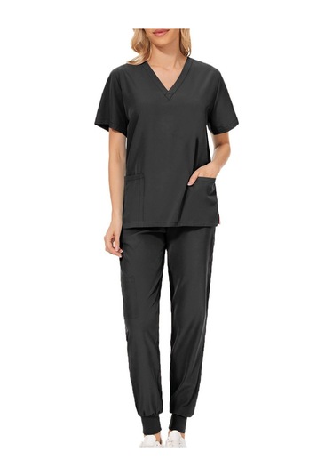 Dolıty Erkek Kadın Scrubs Seti V Yaka Fırçalama Üst L-siyah