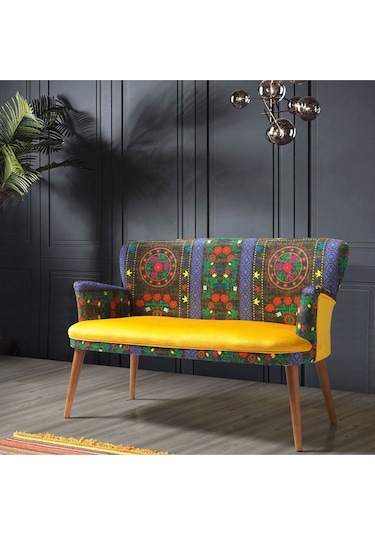 Kayser Home Çay Seti Koltuk Takımı Oturma Grubu Balkon Ofis Bahçe Mobilya Etnik Desen Nubuk Kumaş Sarı Sarı