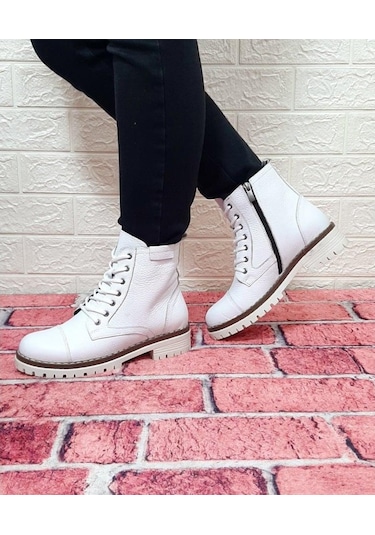 Voyager 8493 Beyaz Hakiki Deri Fermuarlı Bağcıklı Kaliteli Bayan