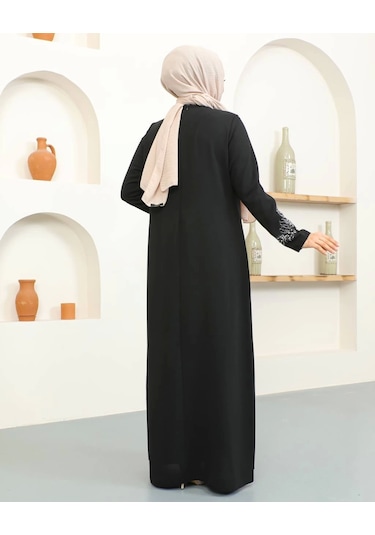 Büyük Beden Taş Detaylı Anne Elbisesi - Siyah / E0129 Siyah