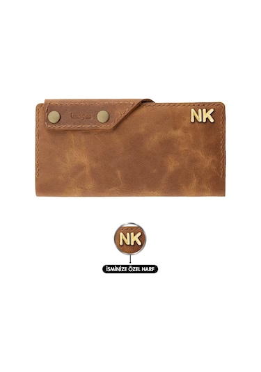 Twingold İsme Özel Dikey Çıtçıtlı Uzun Cüzdan - %100 Rainbow Deri - A010006 - Camel Camel