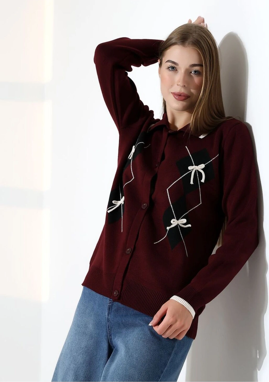 Baklava Desen Polo Yaka Kadın Kazak Bordo