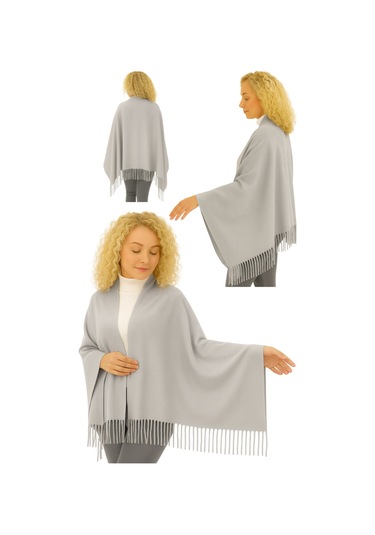 1 Adet Kadın Büyük Bedene Uygun Ekstra Yumuşak Dokulu Püskül Detaylı Kışlık Atkı Omuz Şalı Gri