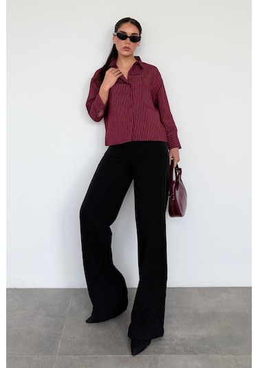 Madmext Bordo Çizgili Oversize Kadın Gömlek Mg2093 Bordo