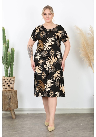 Kadın Siyah Vizon Floral Desen Midi Elbise Siyah