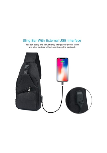 Erkek Omuz Çantası, Usb Şarj Portu Ve Kulaklık Portu Olan Siyah Göğüs Çantası, Unisex Seyahat Sırt Çantası Qd