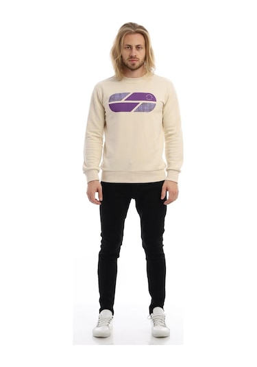 Erkek Polo State Baskılı Bisiklet Yaka Sweat Ekru