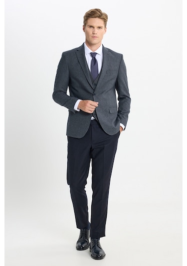 Ac&Co / Altınyıldız Classics Erkek Antrasıt Slim Fit Dar Kesim Mono Yaka Kaz Ayağı Desenli Kapak Cepli Yelekli Takım Elbise Antrasıt Antrasit