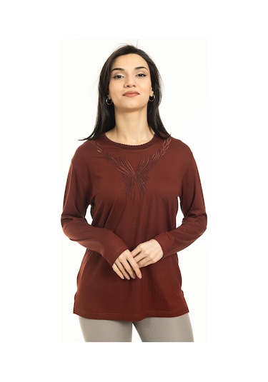 Yeni Sezon Kadın Orta Yaş ve Üzeri Yeni Desen Triko Yaka Likralı Anne Penye Bluz 30520-taba Taba