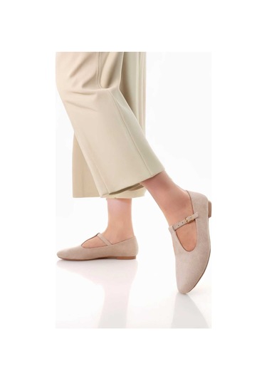 Siyah Süet T-strap Mary Jane Tasarım Babet Bej Süet