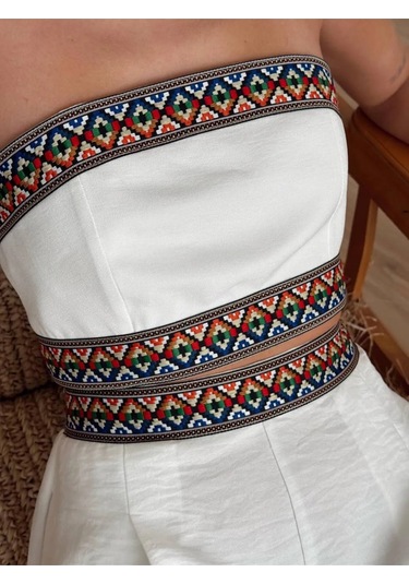 Aztek Motifli Şerit Korse Crop Cepli Lastikli Palazzo Pantolon Modern Etnik Yazlık Boho Keten Takım Beyaz