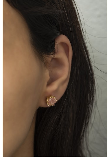 Pembe Zirkon Taşlı Lotus Çiçeği Kadın Küpe Altın