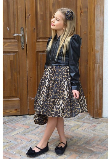 Riccotarz Kız Çocuk Leopar Desenli Siyah Deri Ceketli Elbise 001