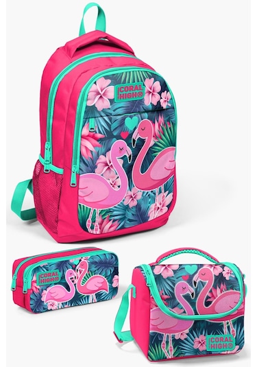 Coral High Kids Neon Mercan Su Yeşili Flamingo Desenli 3 Lü Okul Çanta Seti Set0114377