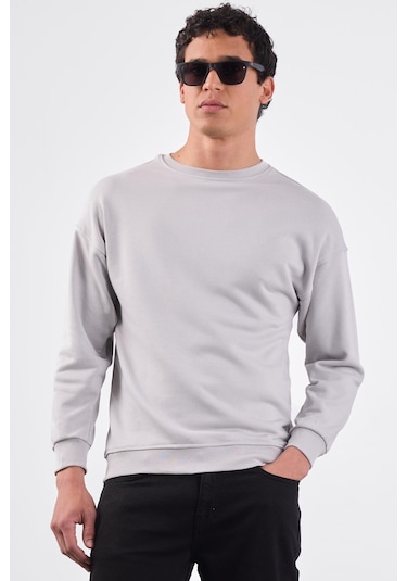Dufy Açık Gri Bisiklet Yaka Regular Fit Erkek Sweatshirt Gri